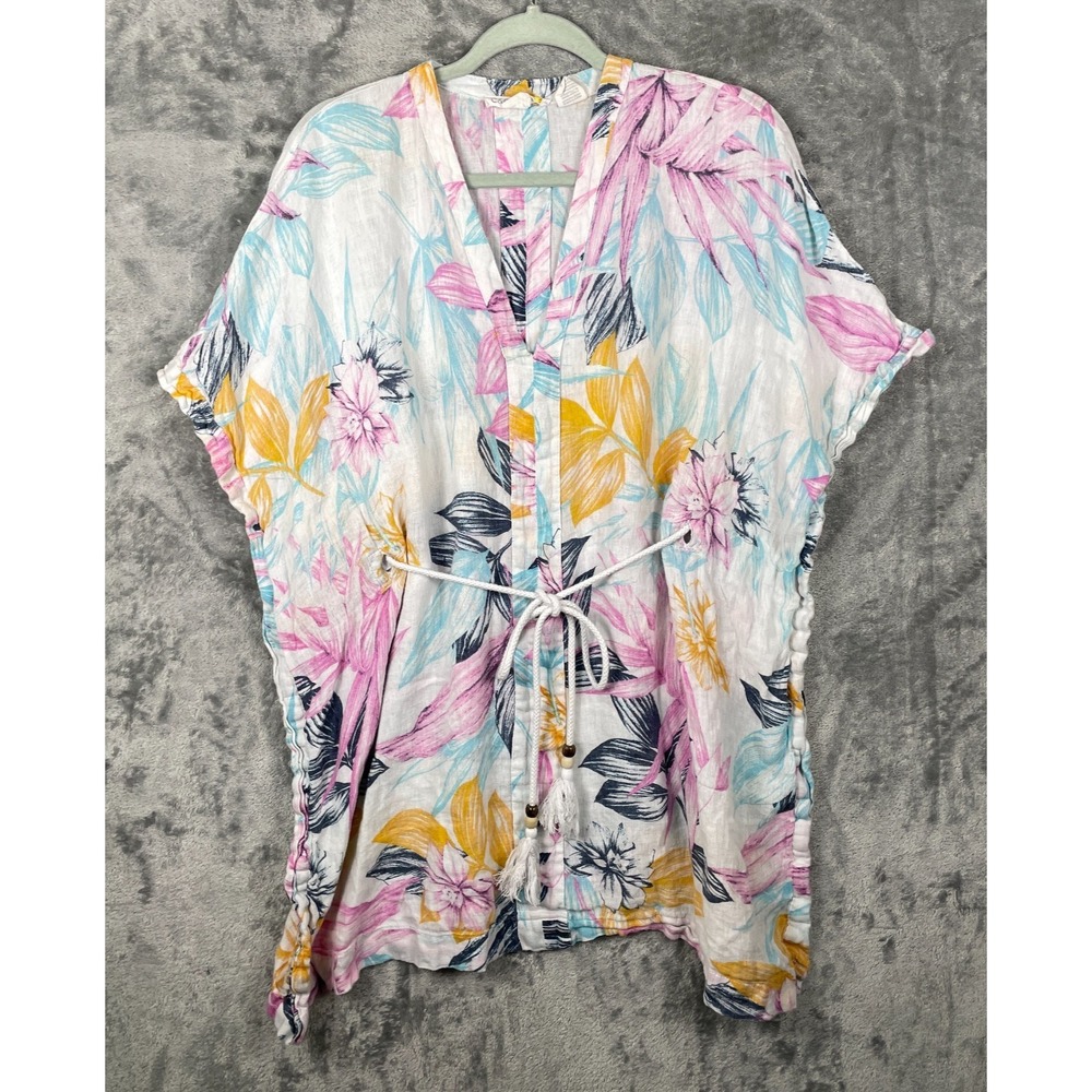 C&C California Cover Up Dress Womens Small Linen Floral Tropical Beachy Coastal